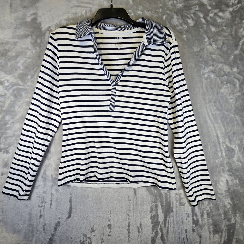 Sonoma Womens Top Blouse Large Navy White Stripe Ribbed Stretch V Neck Collared
